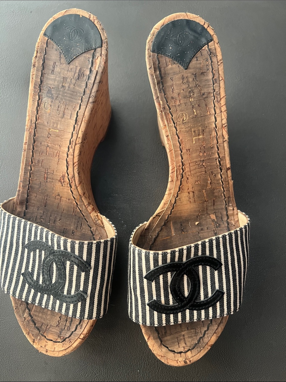 CHANEL Black & Natural Cork Slip-On Sandals with Striped Strap